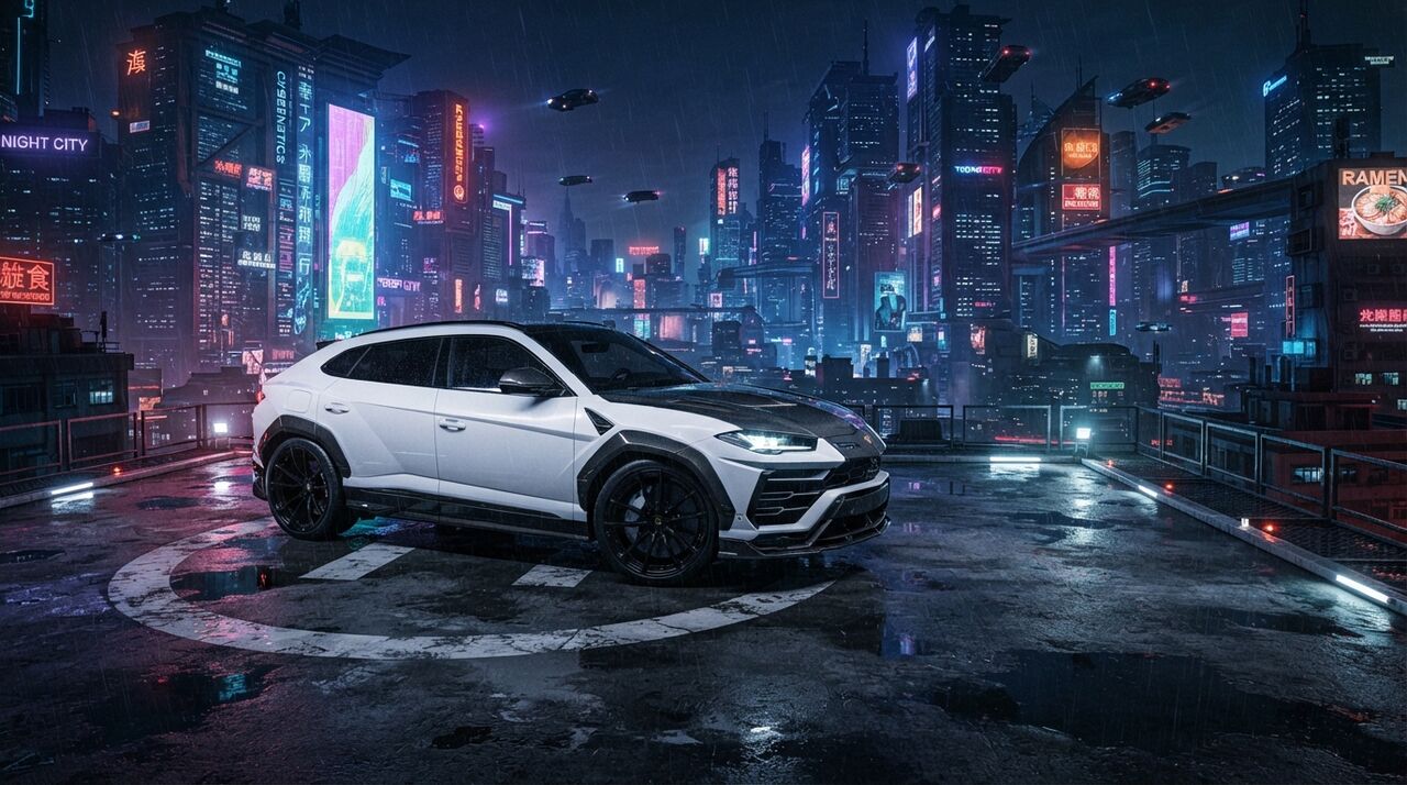 Lamborghini Urus branco numa cidade noturna com luzes de neon